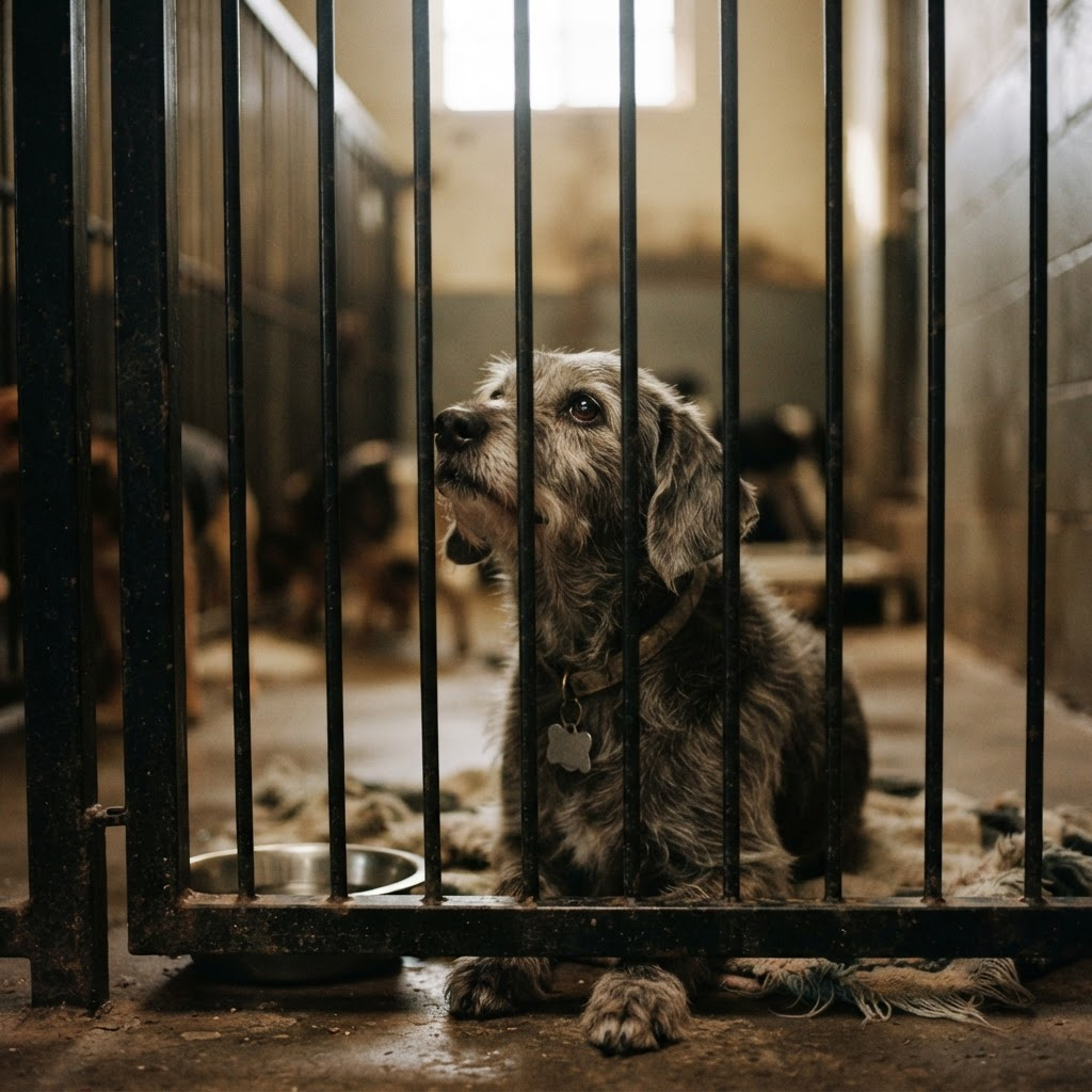 A hopeful shelter dog waiting for a care package